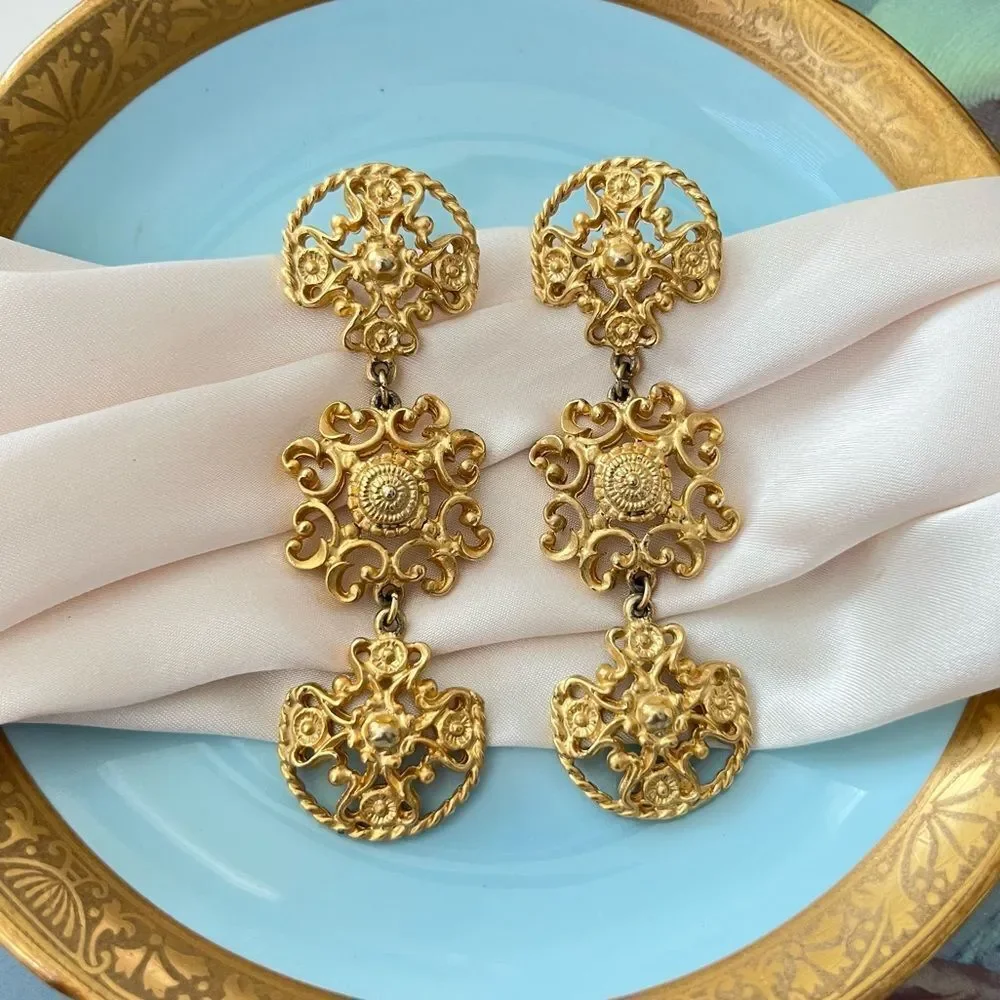 Vintage Gold Ornate Filagree Drop Statement Earrings
